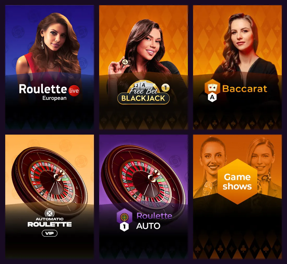 Live dealer lobby with roulette, blackjack and game show tables
